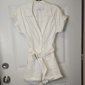 MISHA White Button-Up Romper with Belt 100% Linen